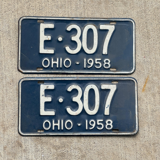 Photo of a 1958 Ohio License Plate Pair Auto Tag Garage Decor Vintage E 307 with original patina