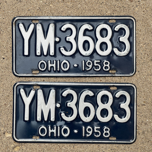 Photo of a 1958 Ohio License Plate Pair Auto Tag Garage Decor Vintage YM 3683 with original patina