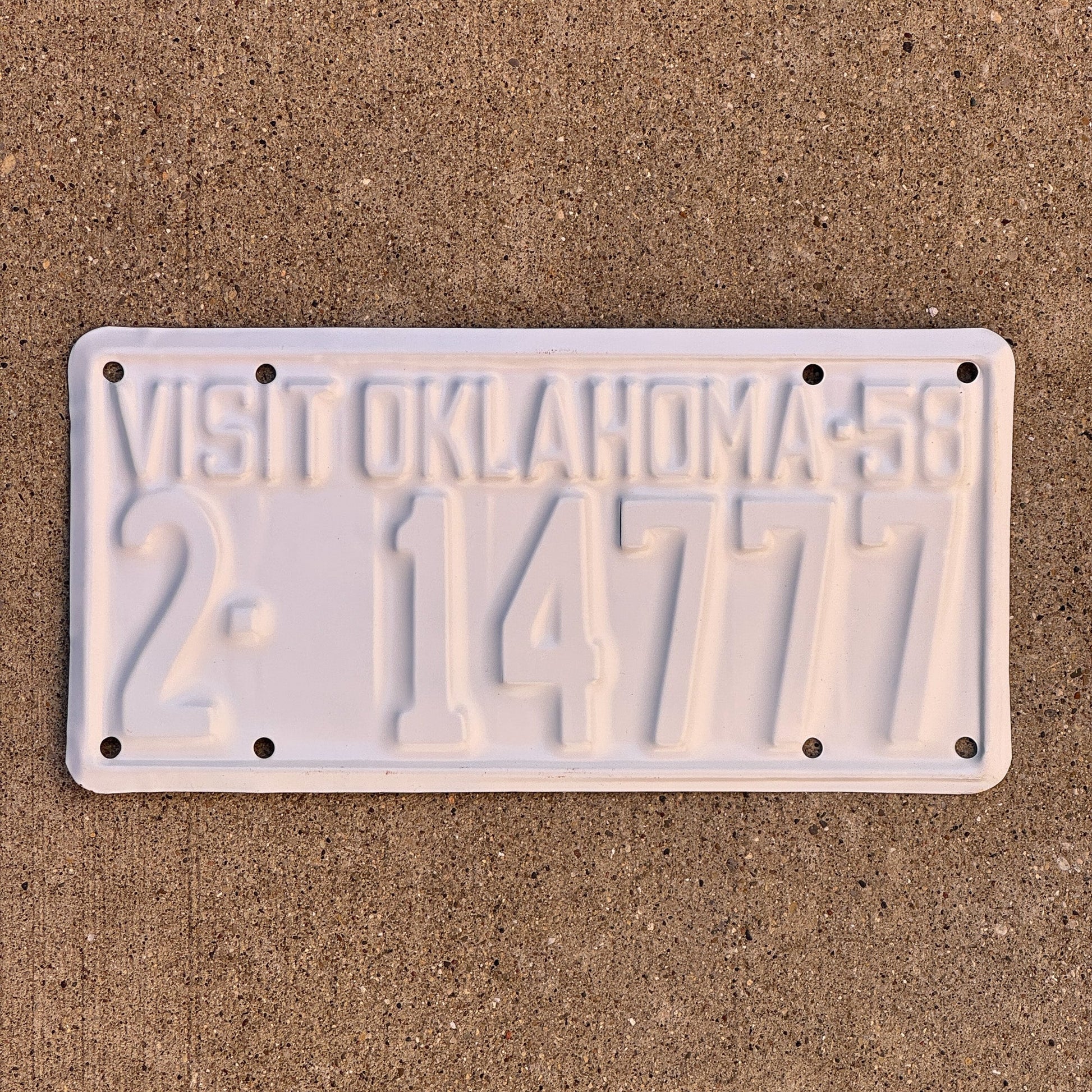 Photo of a 1958 Oklahoma License Plate Auto Tag Garage Decor Vintage Lucky 7 Repeat Repeating 2 14777