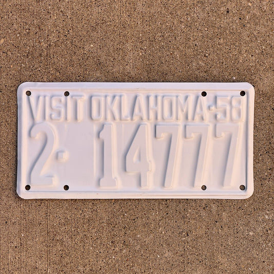 Photo of a 1958 Oklahoma License Plate Auto Tag Garage Decor Vintage Lucky 7 Repeat Repeating 2 14777
