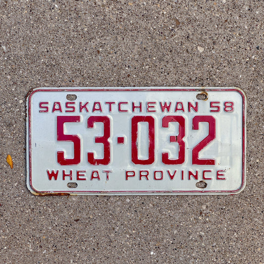 Photo of a 1958 Saskatchewan License Plate Auto Tag Garage Decor Vintage 53 032