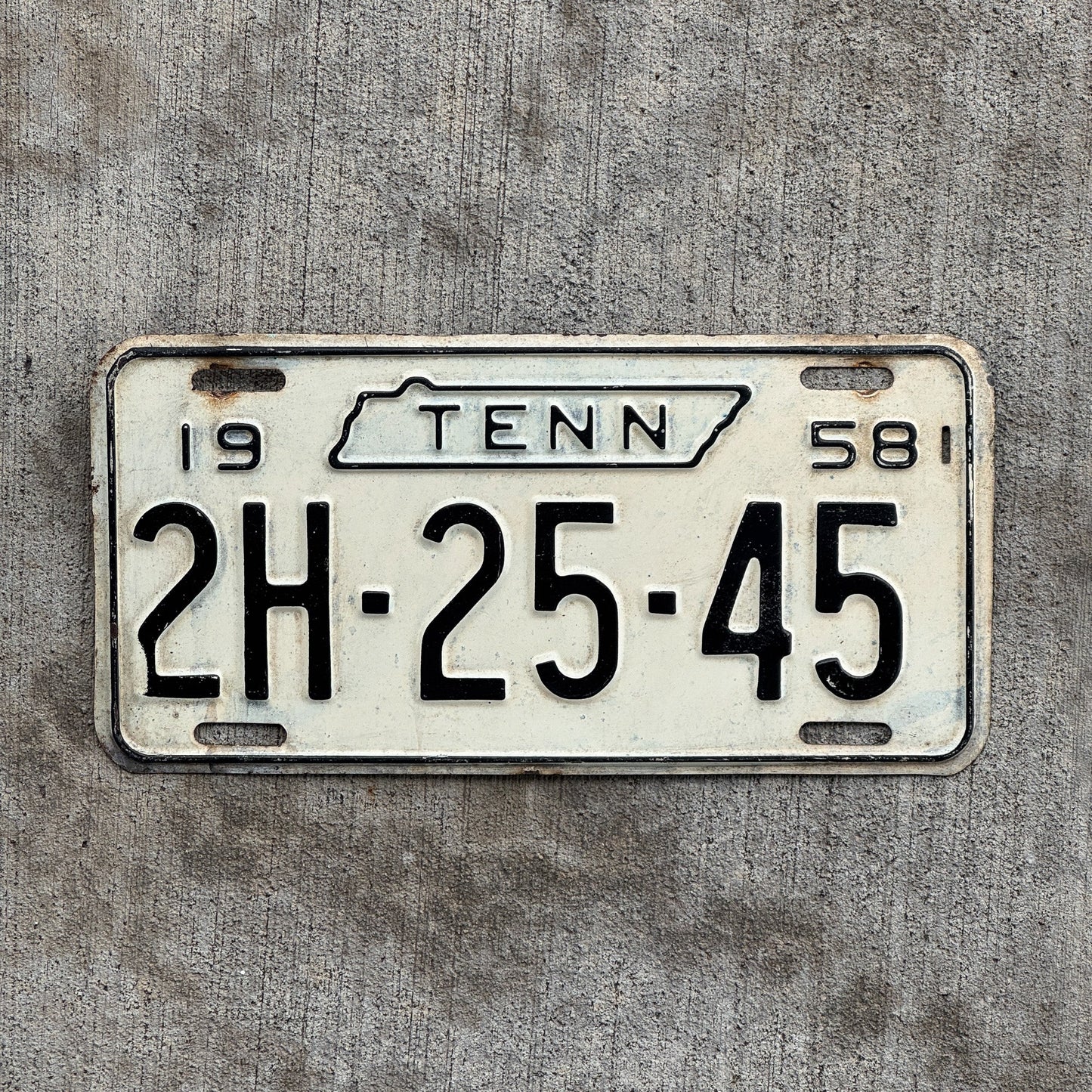 Photo of a 1958 Tennessee License Plate Auto Tag Garage Decor Vintage 2H 2545 with original patina