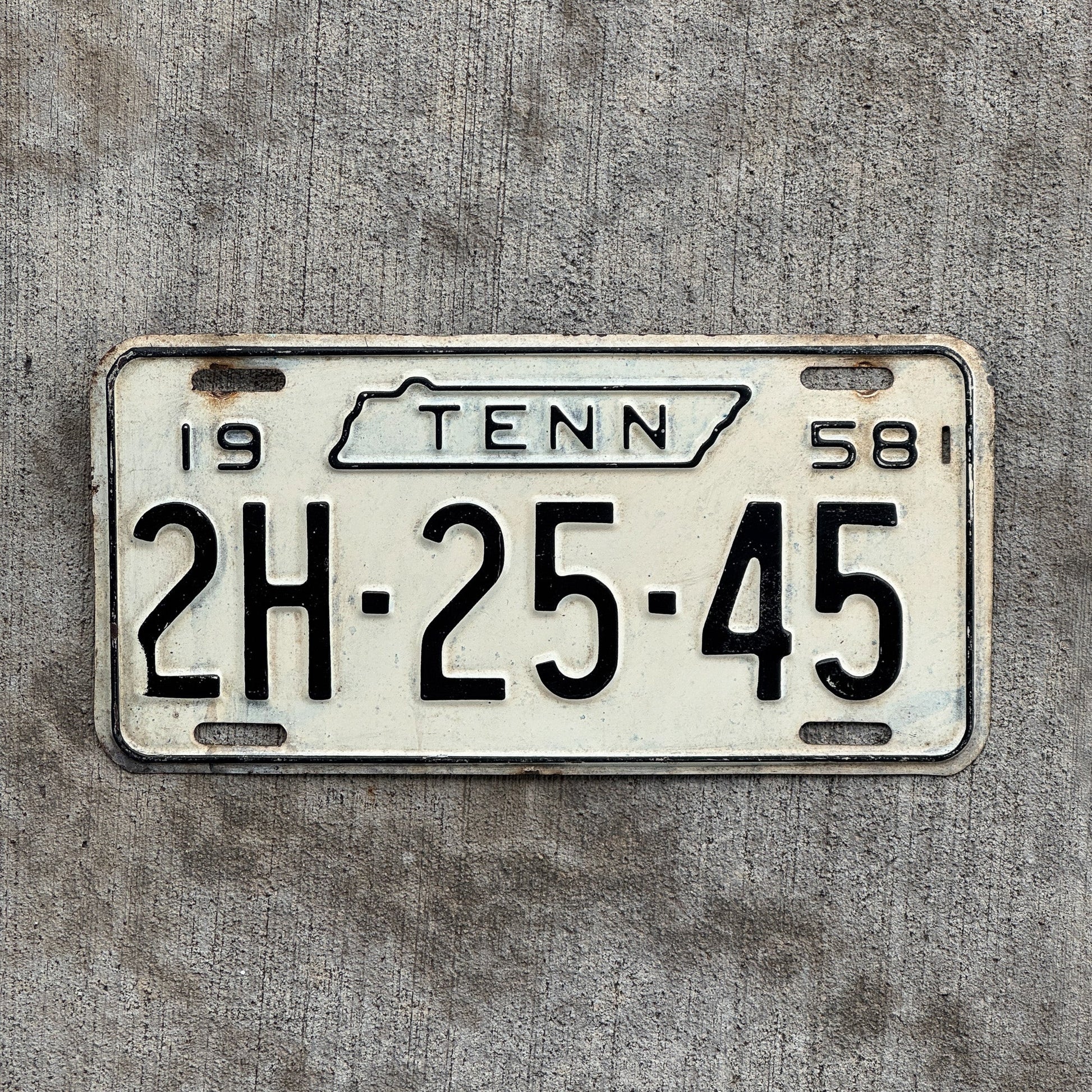 Photo of a 1958 Tennessee License Plate Auto Tag Garage Decor Vintage 2H 2545 with original patina