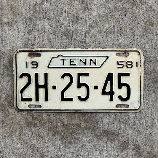 Photo of a 1958 Tennessee License Plate Auto Tag Garage Decor Vintage 2H 2545 with original patina