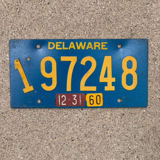 Photo of a 1959 1960 Delaware License Plate Auto Tag Garage Decor Vintage Riveted 197248 with original patina