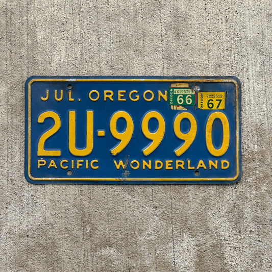Photo of a 1959 1967 Oregon License Plate Auto Tag Garage Decor Vintage Repeat Repeating 2U 9990 with original patina