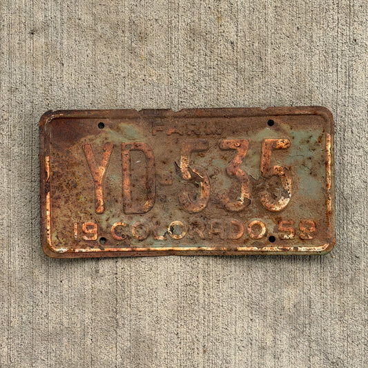 Photo of a 1959 Colorado Farm Truck License Plate Auto Tag Garage Decor Vintage YD 535 with original patina