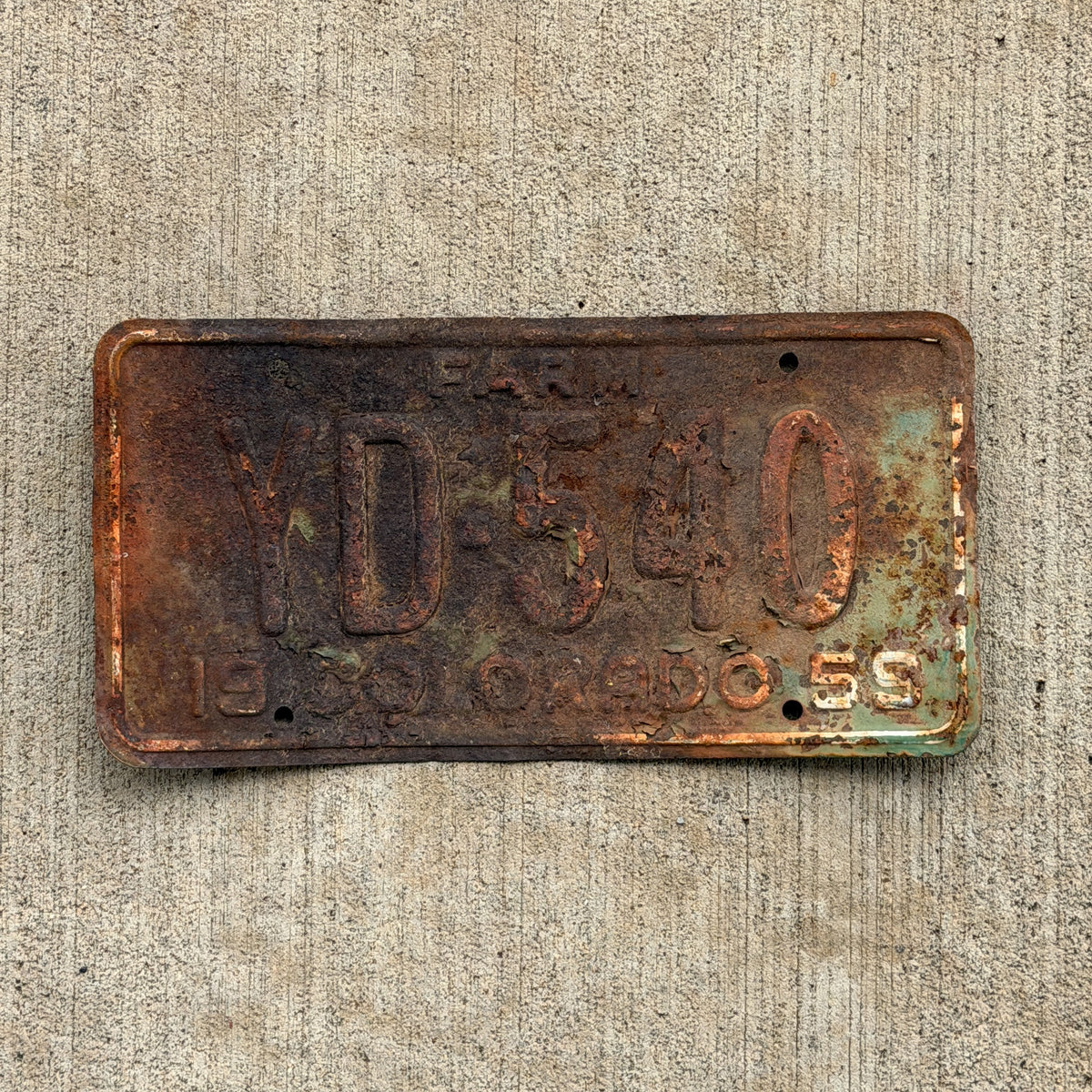 Photo of a 1959 Colorado Farm Truck License Plate Auto Tag Garage Decor Vintage YD 540 with original patina