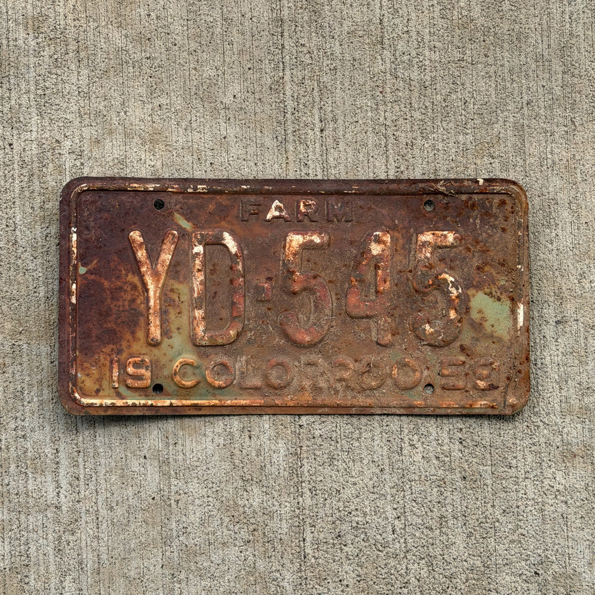 Photo of a 1959 Colorado Farm Truck License Plate Auto Tag Garage Decor Vintage YD 545 with original patina