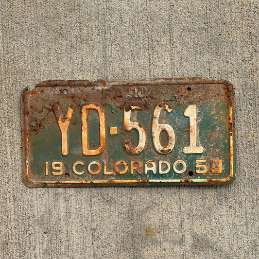 Photo of a 1959 Colorado Farm Truck License Plate Auto Tag Garage Decor Vintage YD 561 with original patina