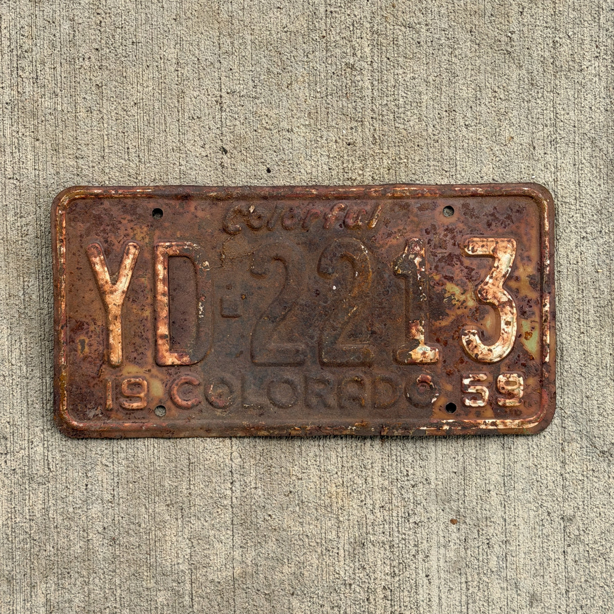 Photo of a 1959 Colorado License Plate Auto Tag Garage Decor Vintage YD 2213 with original patina
