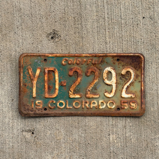 Photo of a 1959 Colorado License Plate Auto Tag Garage Decor Vintage YD 2292 with original patina