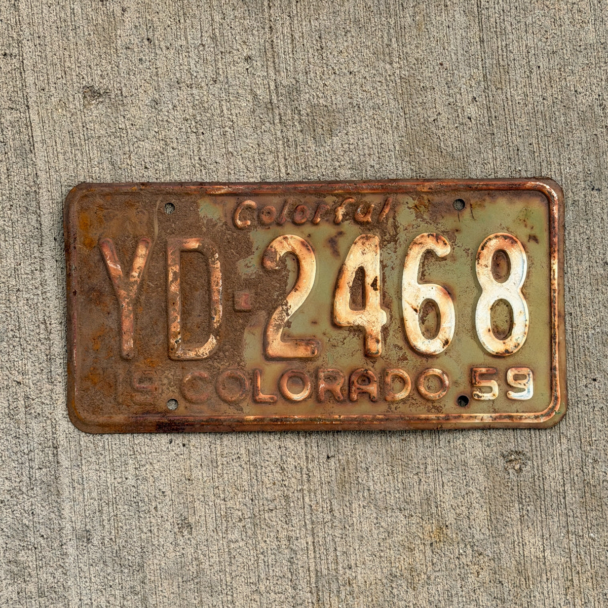 Photo of a 1959 Colorado License Plate Auto Tag Garage Decor Vintage YD 2468 with original patina