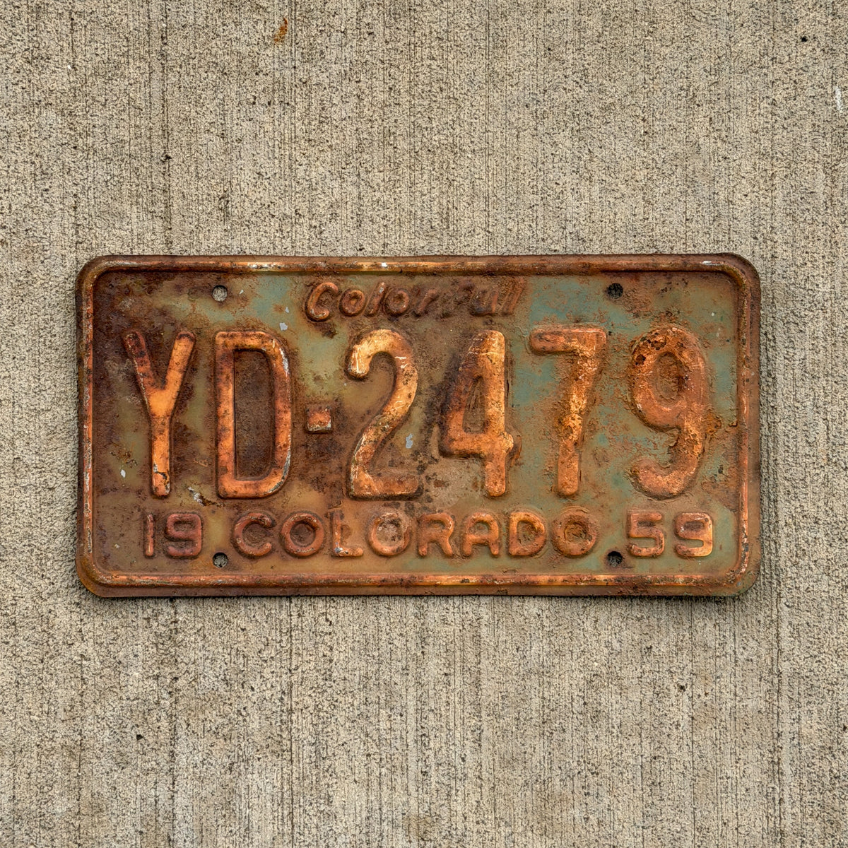 Photo of a 1959 Colorado License Plate Auto Tag Garage Decor Vintage YD 2479 with original patina