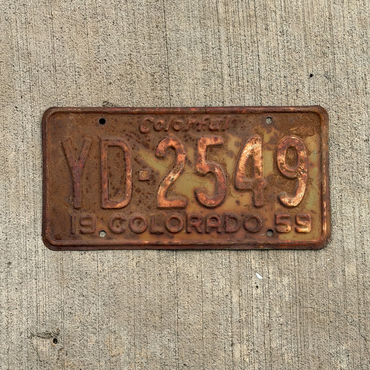 Photo of a 1959 Colorado License Plate Auto Tag Garage Decor Vintage YD 2549 with original patina