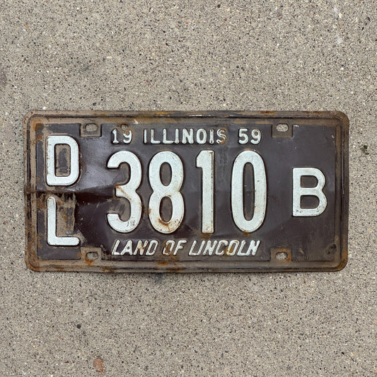 Photo of a 1959 Illinois Dealer License Plate Auto Tag Garage Decor Vintage 3810 B with original patina