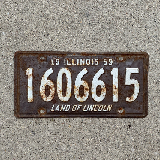 Photo of a 1959 Illinois License Plate Auto Tag 1 Vintage Garage 1 606 615 with original patina