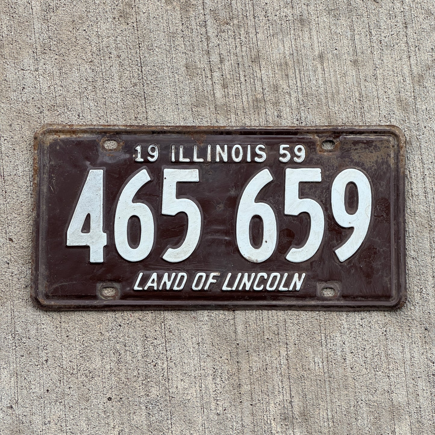 Photo of a 1959 Illinois License Plate Auto Tag 1 Vintage Garage 465 659 with original patina