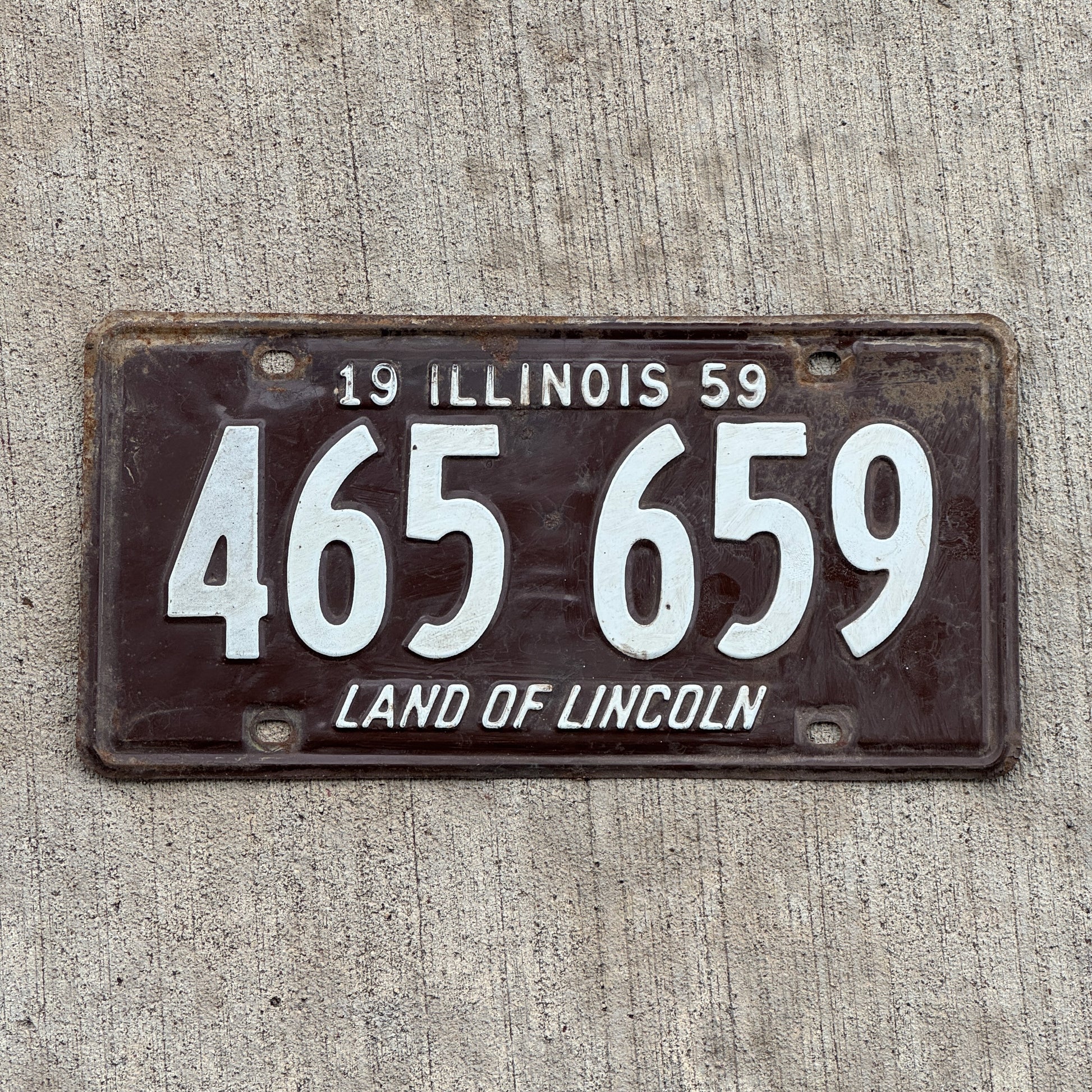 Photo of a 1959 Illinois License Plate Auto Tag 1 Vintage Garage 465 659 with original patina