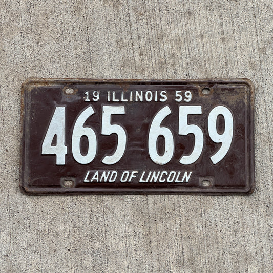Photo of a 1959 Illinois License Plate Auto Tag 1 Vintage Garage 465 659 with original patina