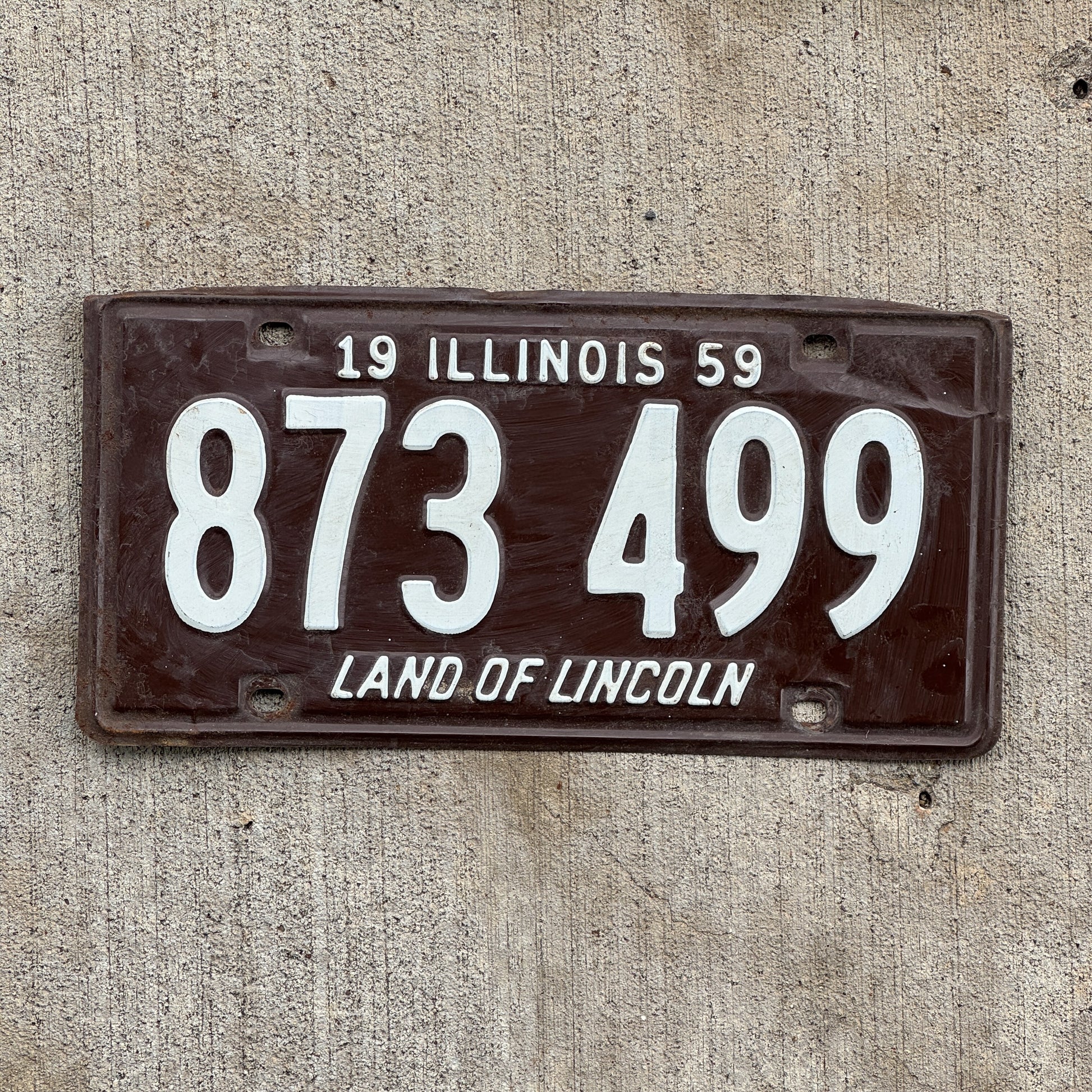 Photo of a 1959 Illinois License Plate Auto Tag 2 Vintage Garage 873 499 with original patina