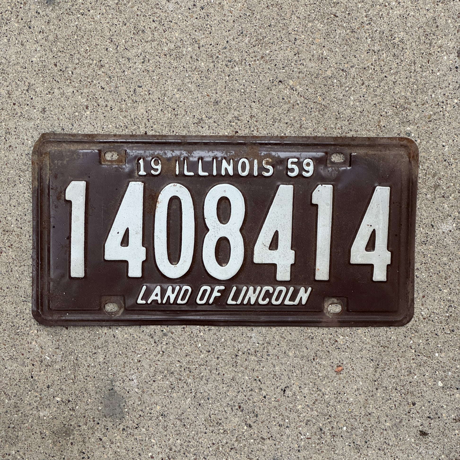 Photo of a 1959 Illinois License Plate Auto Tag Garage Decor Vintage 1 408 414 with original patina