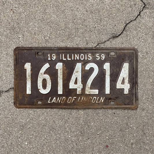 Photo of a 1959 Illinois License Plate Auto Tag Garage Decor Vintage 1 614 214 with original patina
