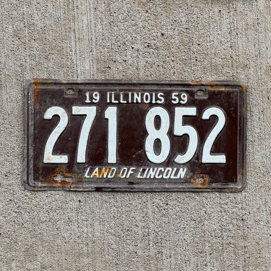 Photo of a 1959 Illinois License Plate Auto Tag Garage Decor Vintage 271 852 with original patina