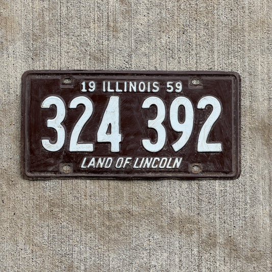 Photo of a 1959 Illinois License Plate Auto Tag Garage Decor Vintage 324 392 with original patina