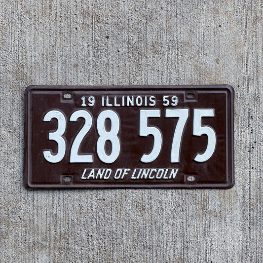Photo of a 1959 Illinois License Plate Auto Tag Garage Decor Vintage 328 575 with original patina