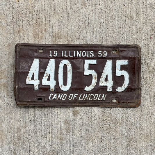 Photo of a 1959 Illinois License Plate Auto Tag Garage Decor Vintage 440 545 with original patina