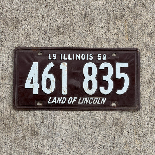 Photo of a 1959 Illinois License Plate Auto Tag Garage Decor Vintage 461 835 with original patina