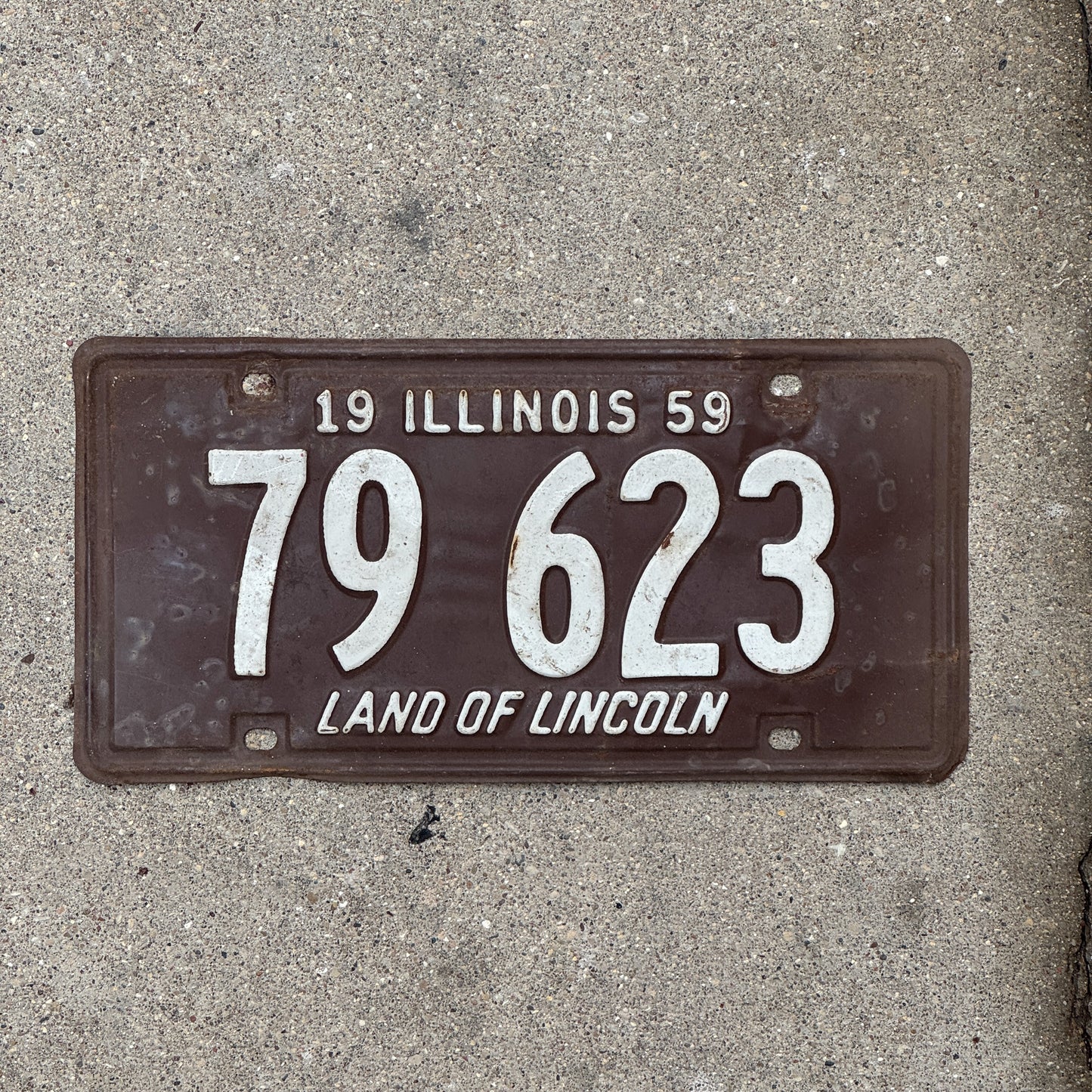 Photo of a 1959 Illinois License Plate Auto Tag Garage Decor Vintage 79 623 with original patina