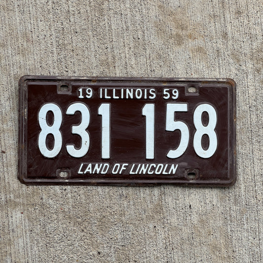 Photo of a 1959 Illinois License Plate Auto Tag Garage Decor Vintage 831 158 with original patina