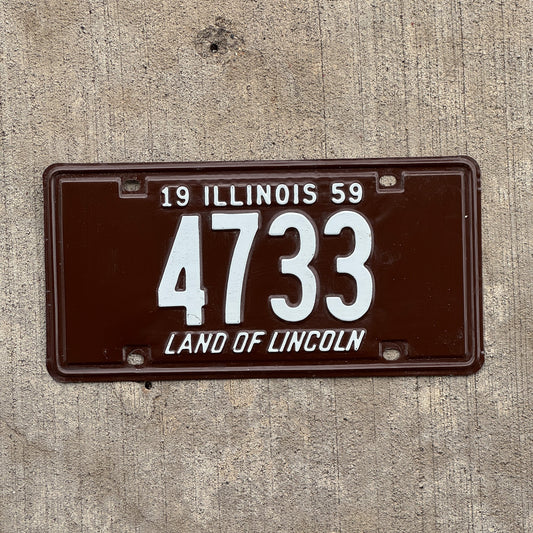 Photo of a 1959 Illinois License Plate Auto Tag Garage Decor Vintage Low Number Four Digit 4733 with original patina