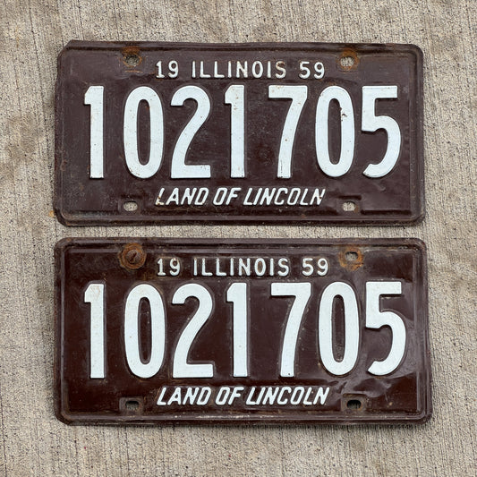 Photo of a 1959 Illinois License Plate Pair Auto Tag Garage Decor Vintage 1 021 705 with original patina