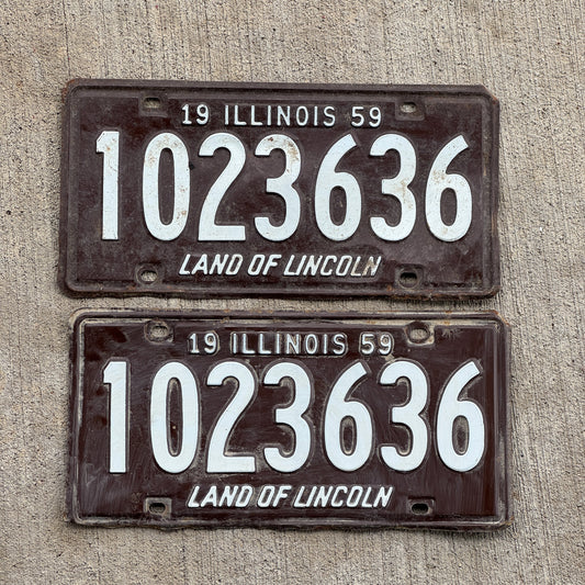 Photo of a 1959 Illinois License Plate Pair Auto Tag Garage Decor Vintage 1 023 636 with original patina