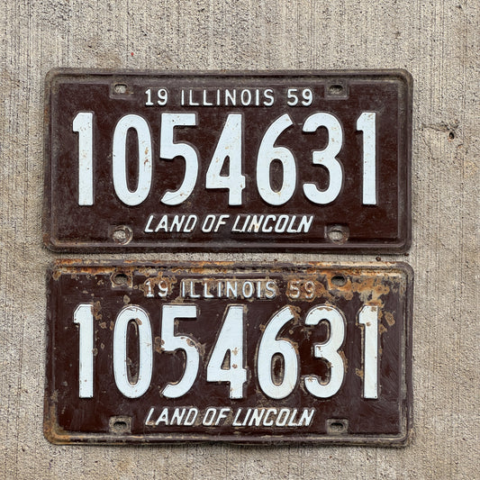 Photo of a 1959 Illinois License Plate Pair Auto Tag Garage Decor Vintage 1 054 631 with original patina