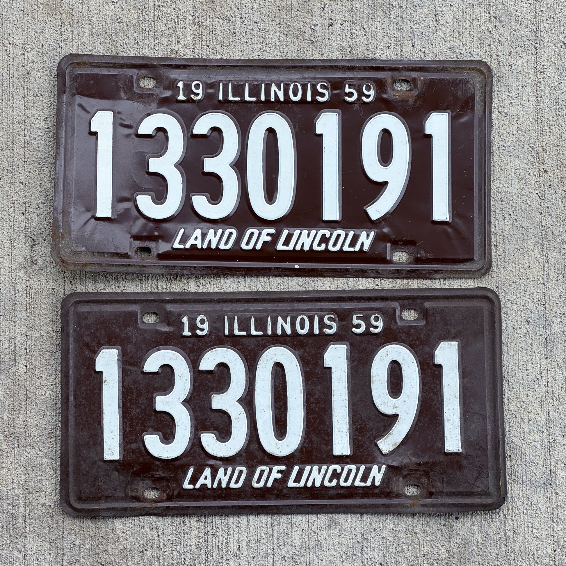 Photo of a 1959 Illinois License Plate Pair Auto Tag Garage Decor Vintage 1 330 191 with original patina