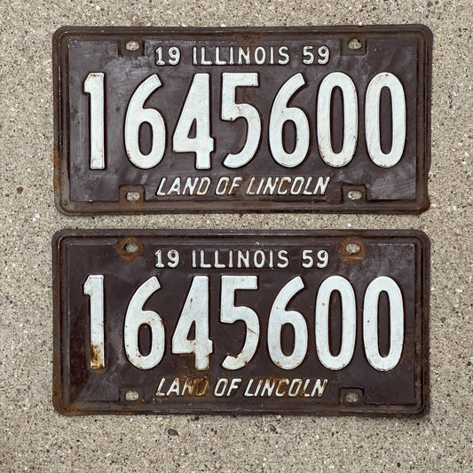 Photo of a 1959 Illinois License Plate Pair Auto Tag Garage Decor Vintage 1 645 600 with original patina