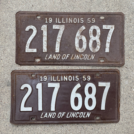 Photo of a 1959 Illinois License Plate Pair Auto Tag Garage Decor Vintage 217 687 with original patina