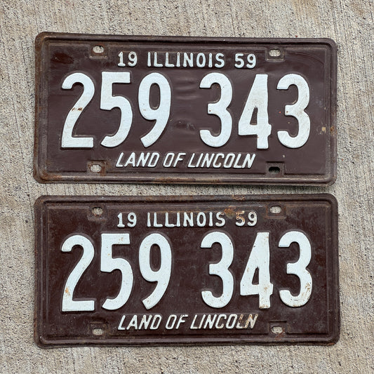 Photo of a 1959 Illinois License Plate Pair Auto Tag Garage Decor Vintage 259 343 with original patina