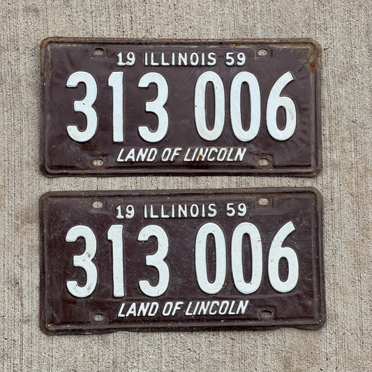 Photo of a 1959 Illinois License Plate Pair Auto Tag Garage Decor Vintage 313 006 with original patina