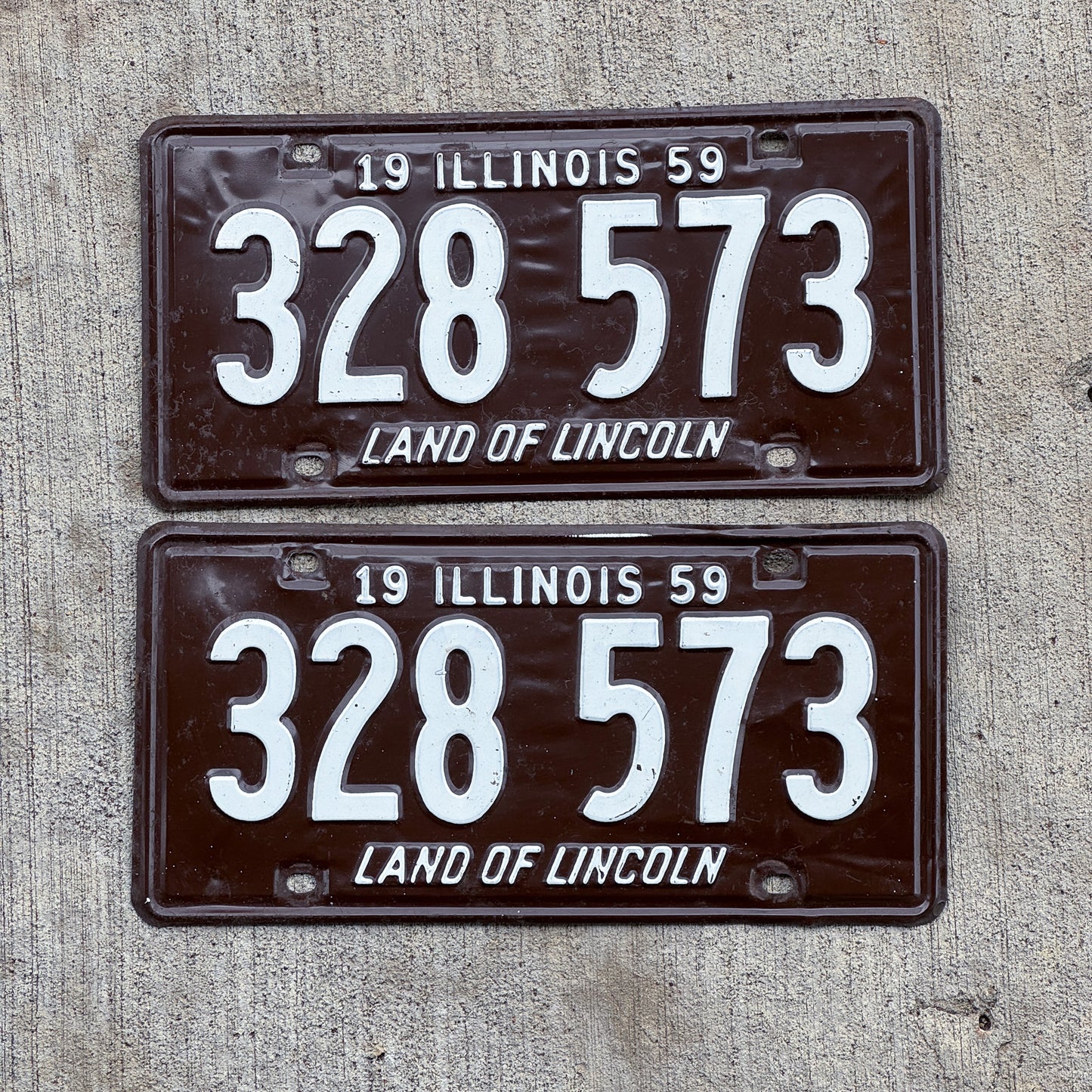 Photo of a 1959 Illinois License Plate Pair Auto Tag Garage Decor Vintage 328 573 with original patina