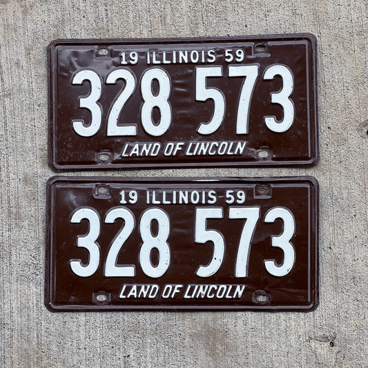 Photo of a 1959 Illinois License Plate Pair Auto Tag Garage Decor Vintage 328 573 with original patina