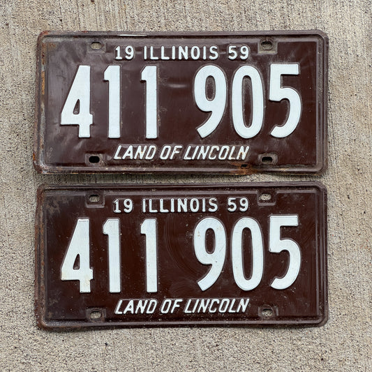 Photo of a 1959 Illinois License Plate Pair Auto Tag Garage Decor Vintage 411 905 with original patina