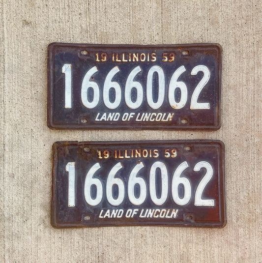 Photo of a 1959 Illinois License Plate Pair Auto Tag Garage Decor Vintage 666 Devil Evil 1666062 with original patina