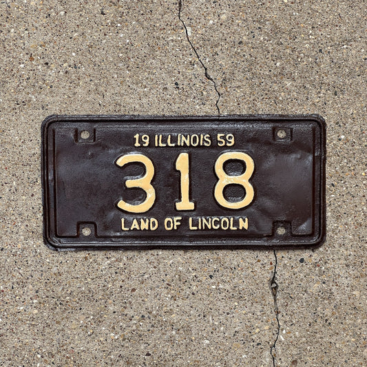 Photo of a 1959 Illinois Motorcycle License Plate Auto Tag Garage Decor Vintage Low Number Three Digit 318