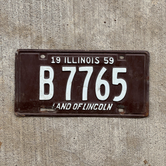 Photo of a 1959 Illinois Truck License Plate Auto Tag 2 Vintage Garage B 7765 with original patina