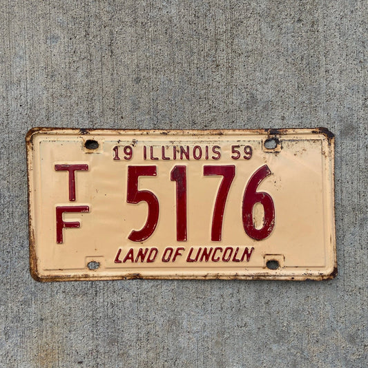 Photo of a 1959 Illinois Truck Mileage Tax License Plate Auto Tag Garage Decor Vintage TF 5176 with original patina